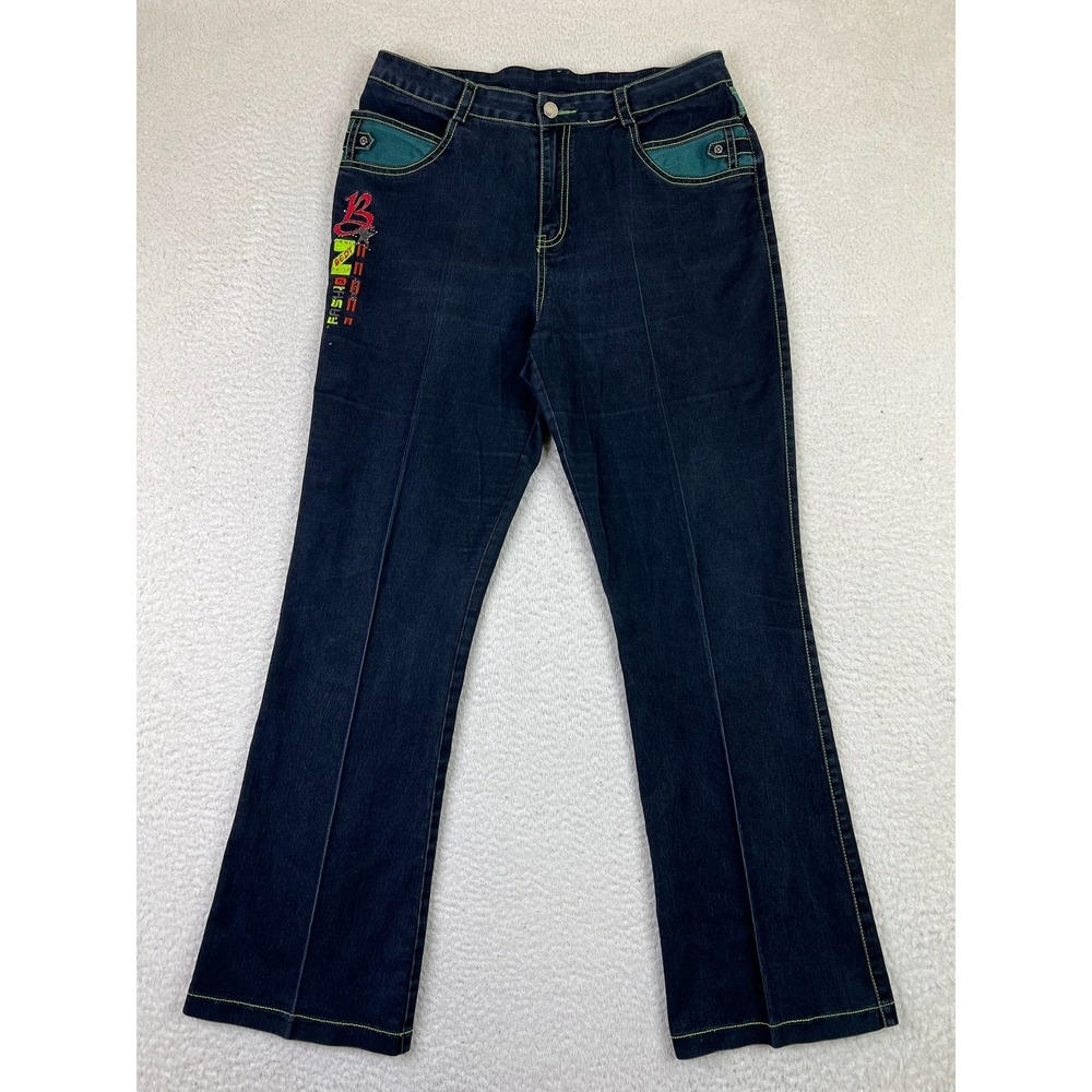 BEERDANTI‎ Jeans Womens 34 Blue Bootcut Embroidered Star Rhinestone Denim Pants